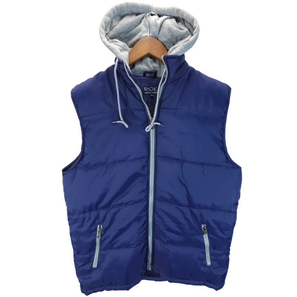 Streetwear ROK Puffer Vest Mens L‎ Navy Blue Hooded Zip Up Gilet Skate